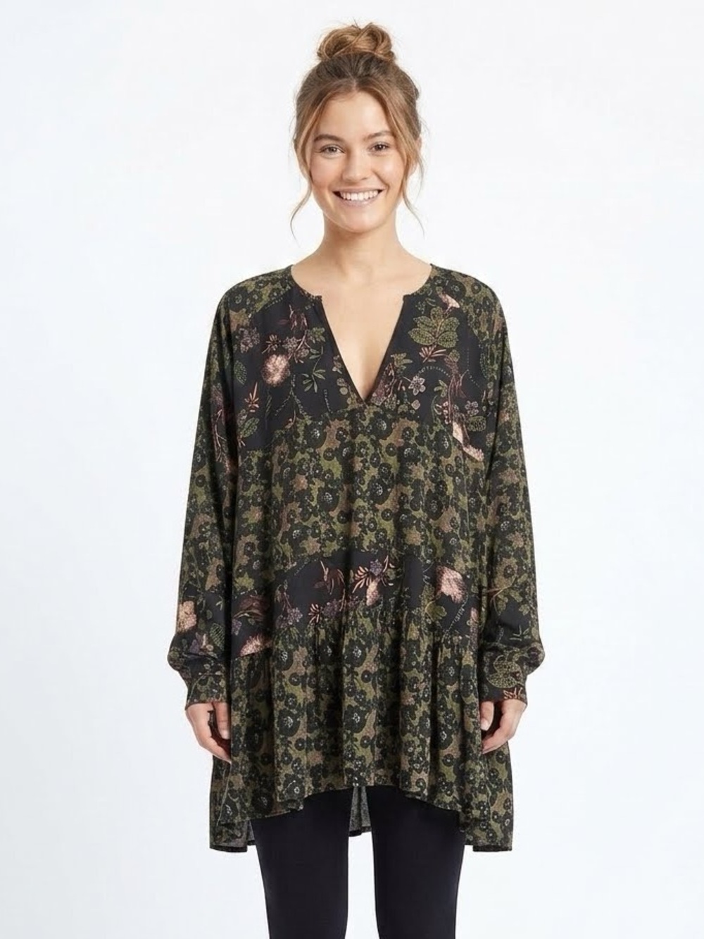 Free People Oversized Olive & Black Floral V-Neck Tiered Tunic Dress Size S